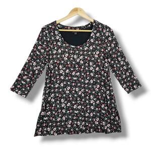 J. Jill Wearever Collection 3/4 Sleeve Tunic Top Small Black Pink White Floral